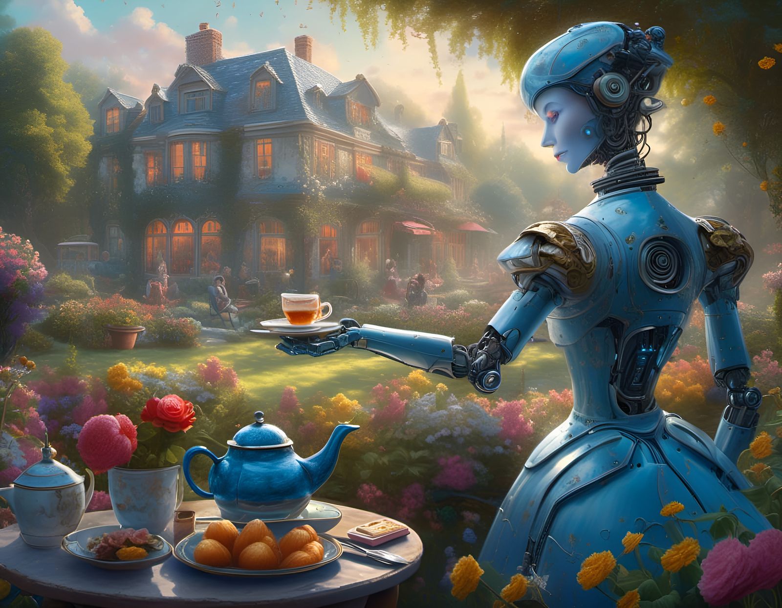 Cinematic Whimsical pretty female Robot in a garden