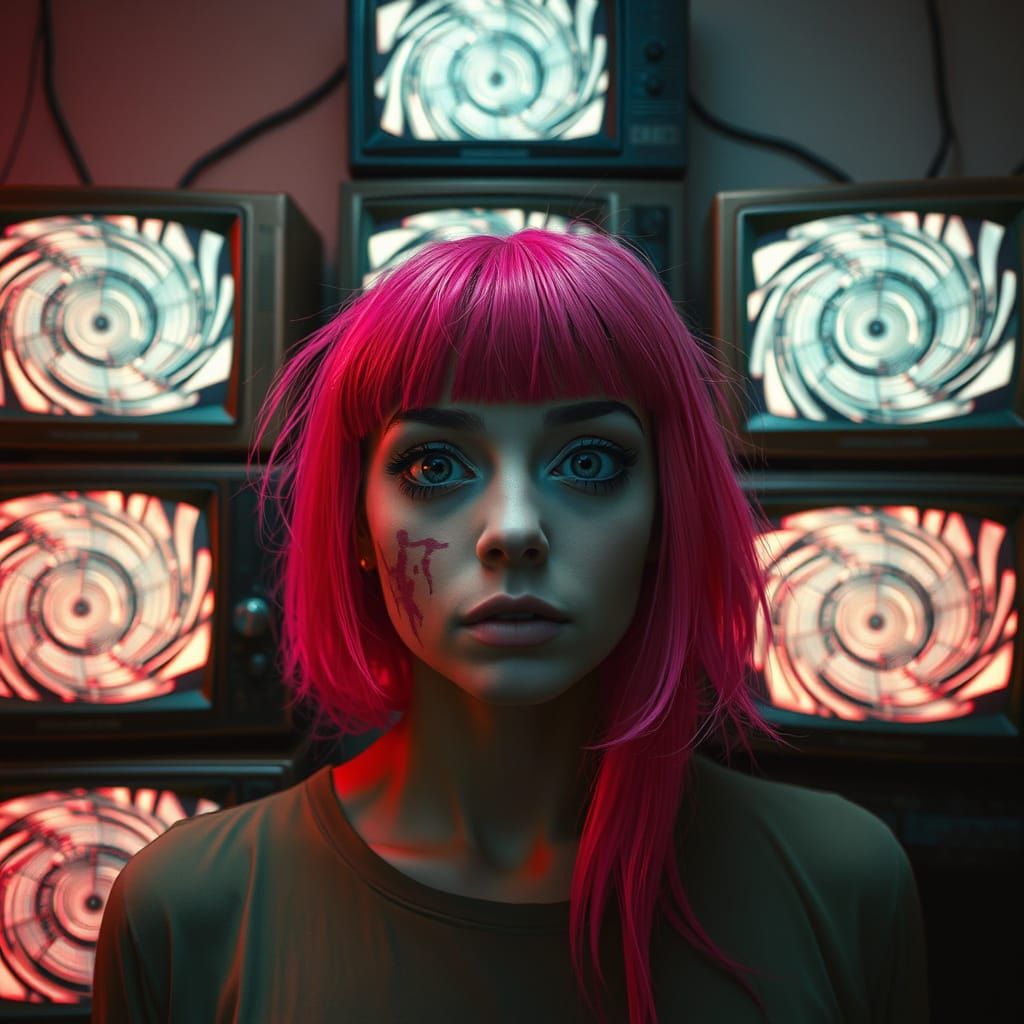 Brainwashed Pink-Haired Woman in Analog Horror Scene