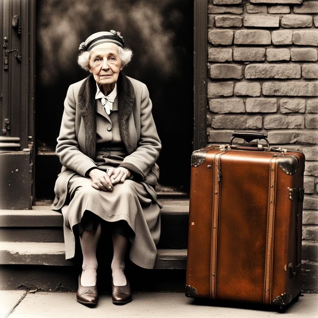 Elderly Woman with Cane in 1920s London, Digital Art