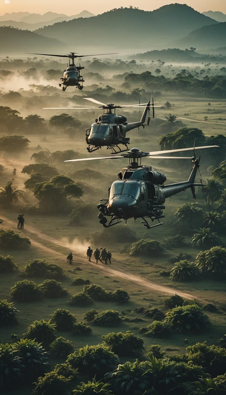 Choppers at Dawn: Cinematic Film Still