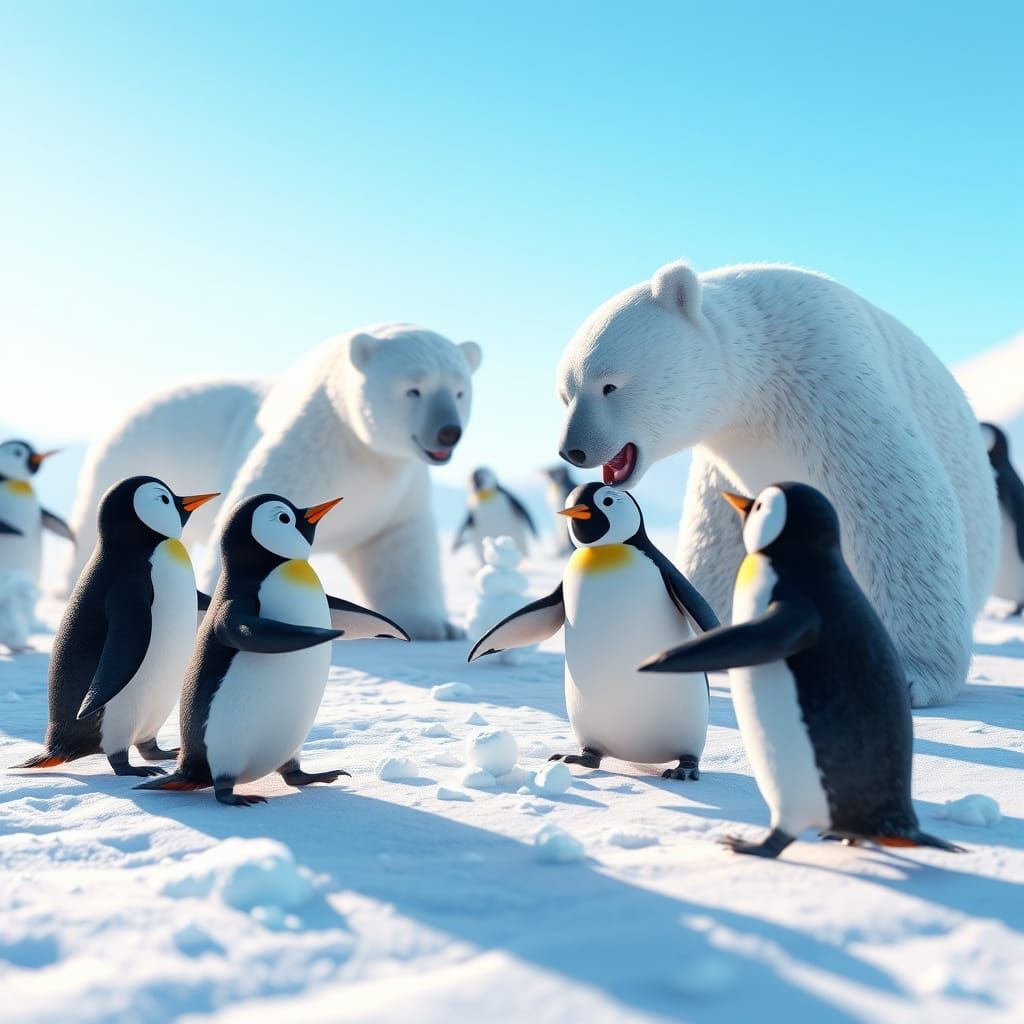 Penguins vs Polar Bears Snowball Fight: Pixar-Style 3D Art