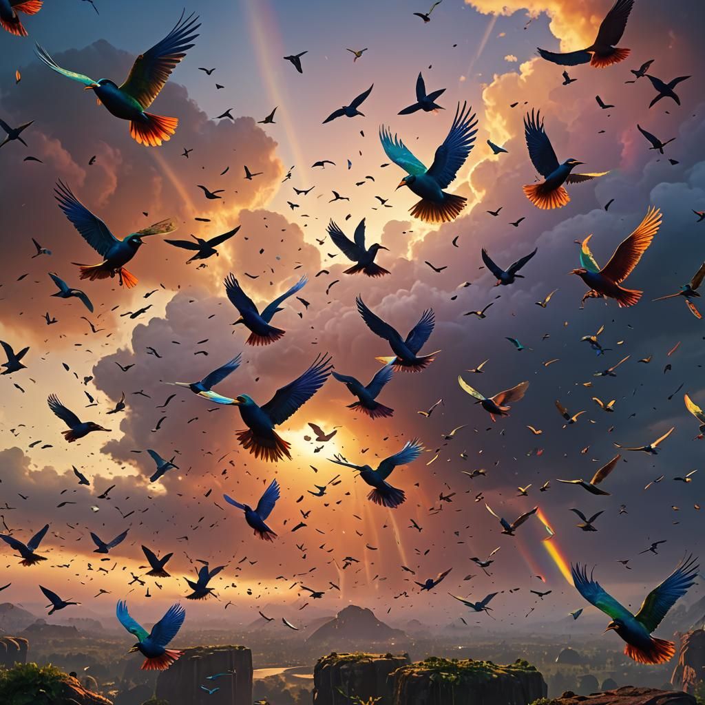 Rainbow Birds Flying at Sunset: Detailed Matte Painting