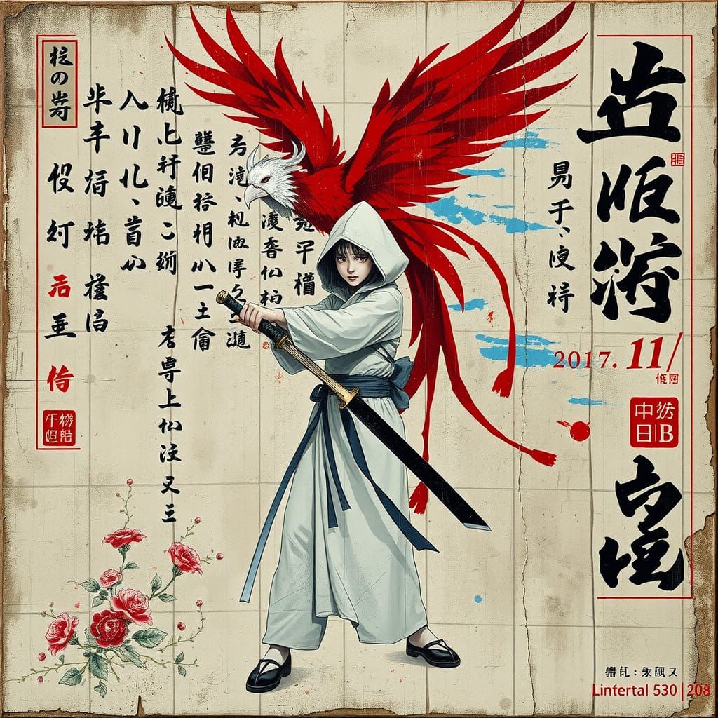 Mysterious Geisha Warrior in Distressed Oil Painting Style