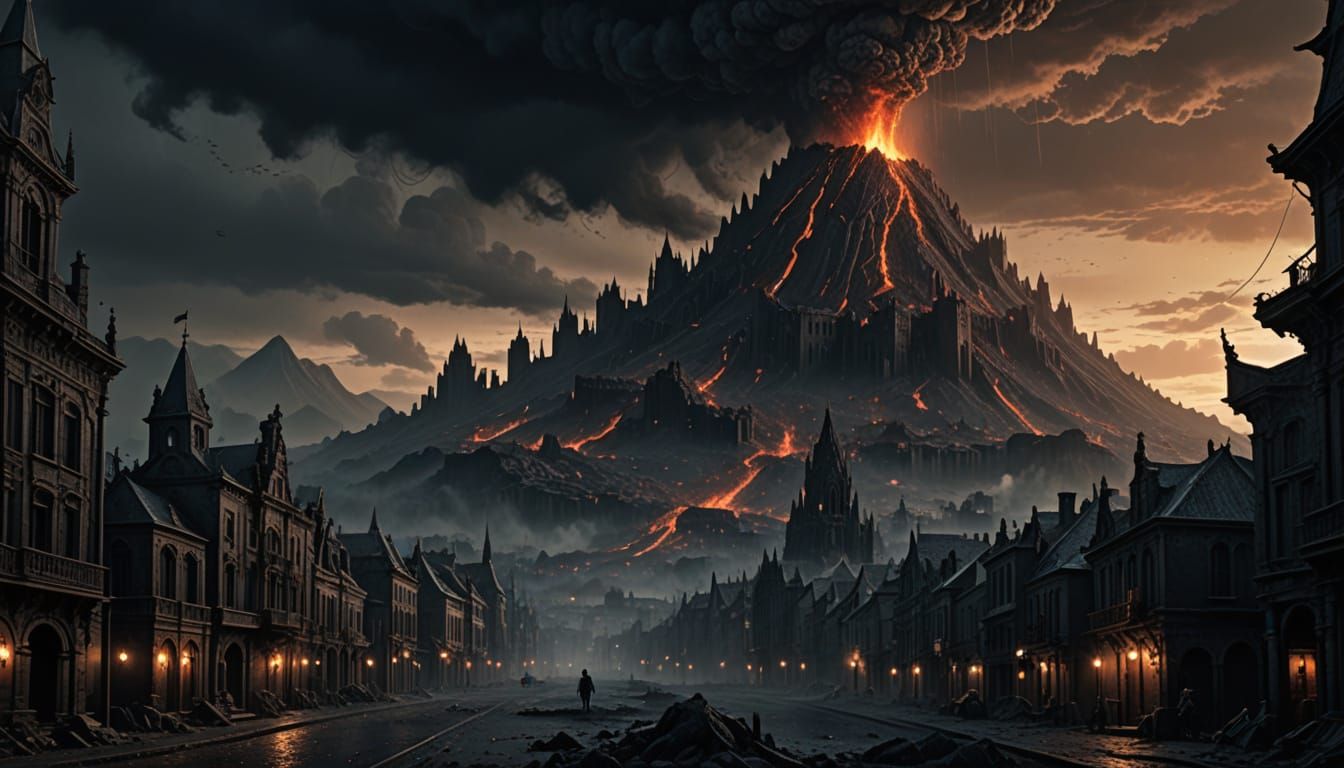 Dark Fantasy City Under Siege by a Towering Volcano