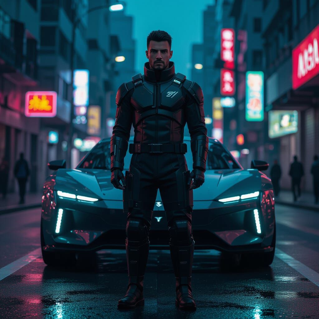 Cyberpunk Brazilian Man on Futuristic City Street