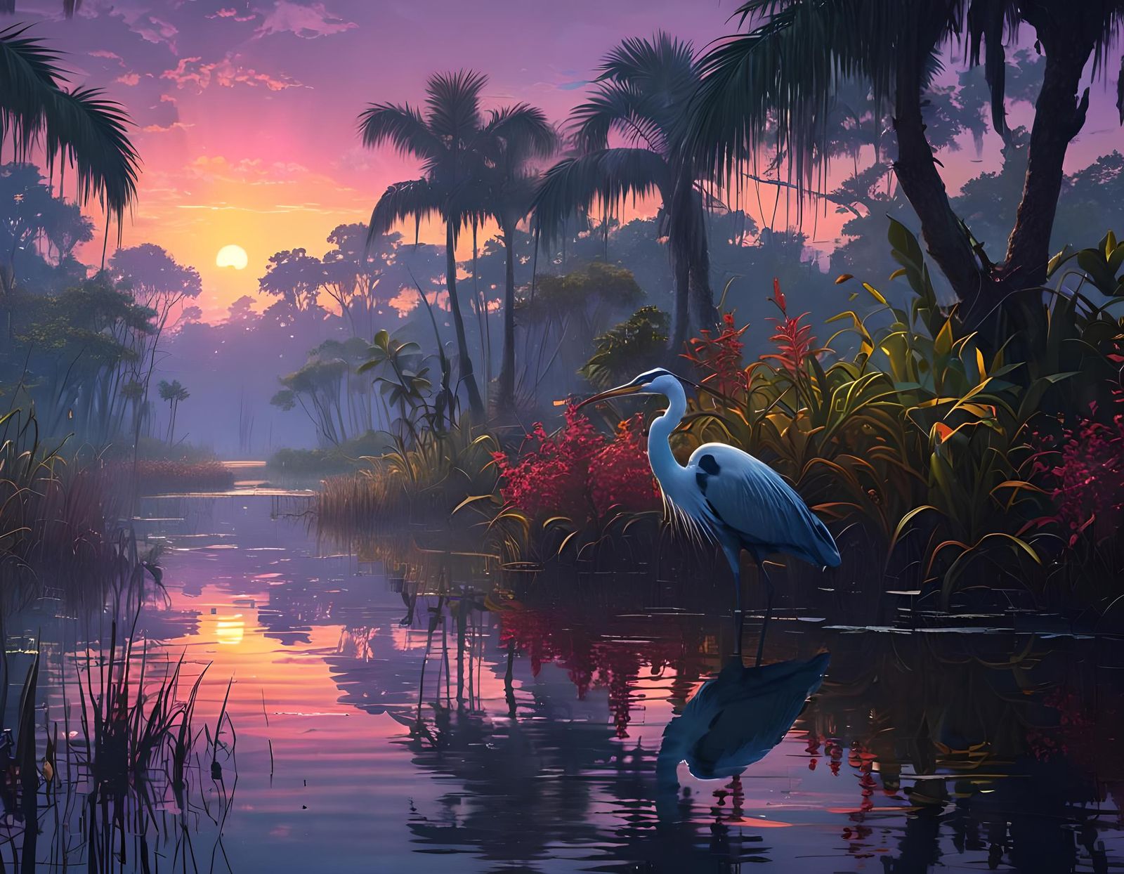 Ethereal Everglades Landscape in Vibrant Vaporwave Style