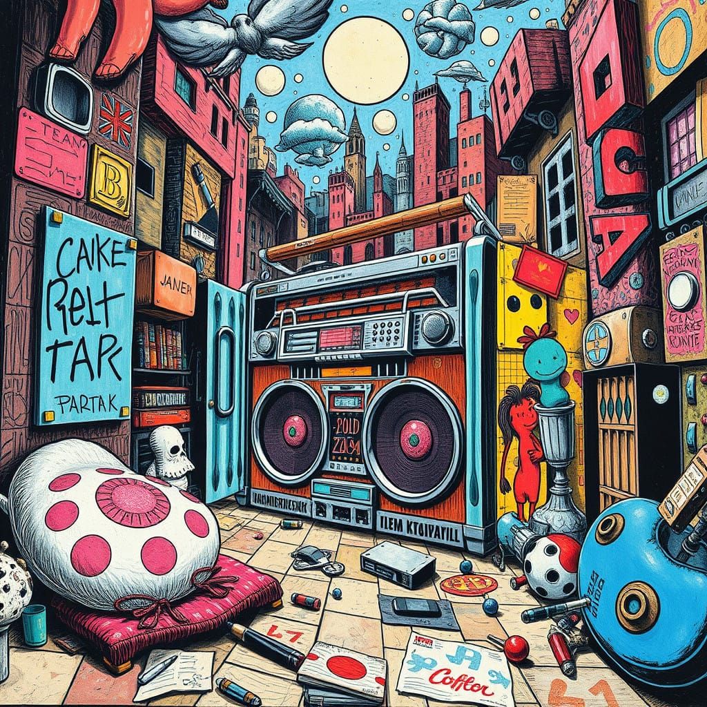 Vibrant Futuristic Cityscape with a Boombox in the Ghetto