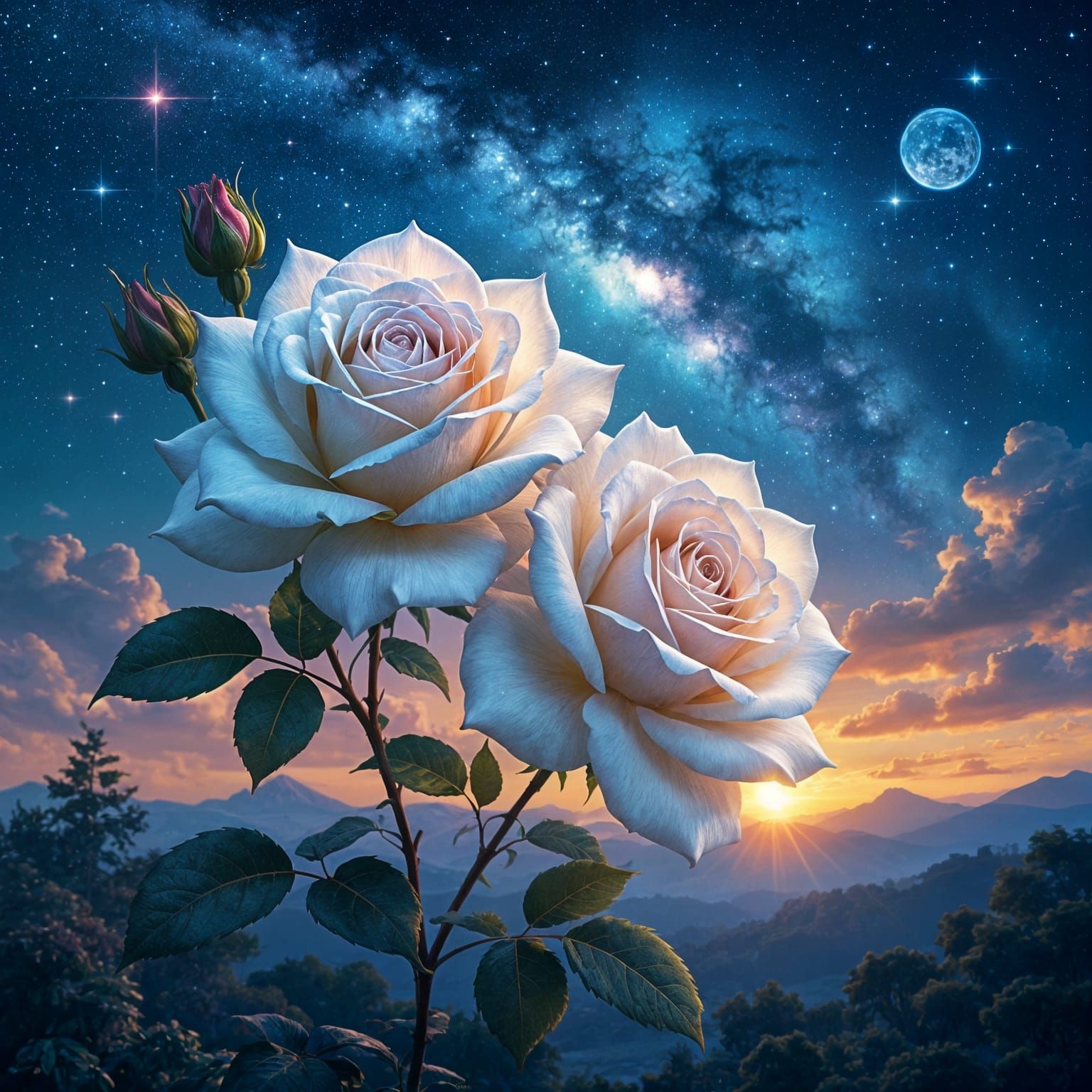 Gothic White Roses at Dawn: Holographic Astral Illustration