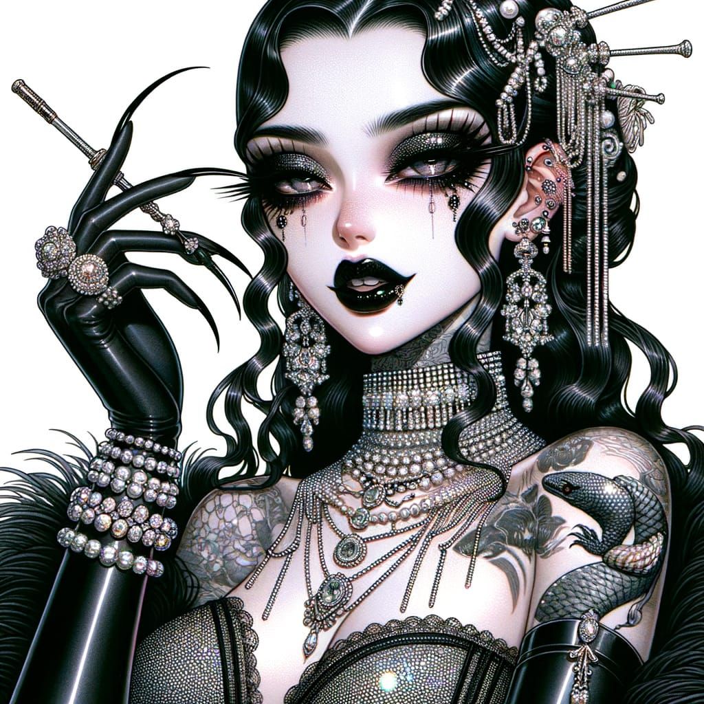 Maximalist Anime Demoness in Watercolor Pen and Ink