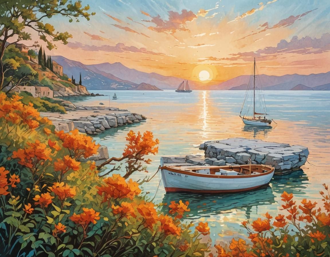 Greek Island Sunrise Sailboat, Comic Book Art