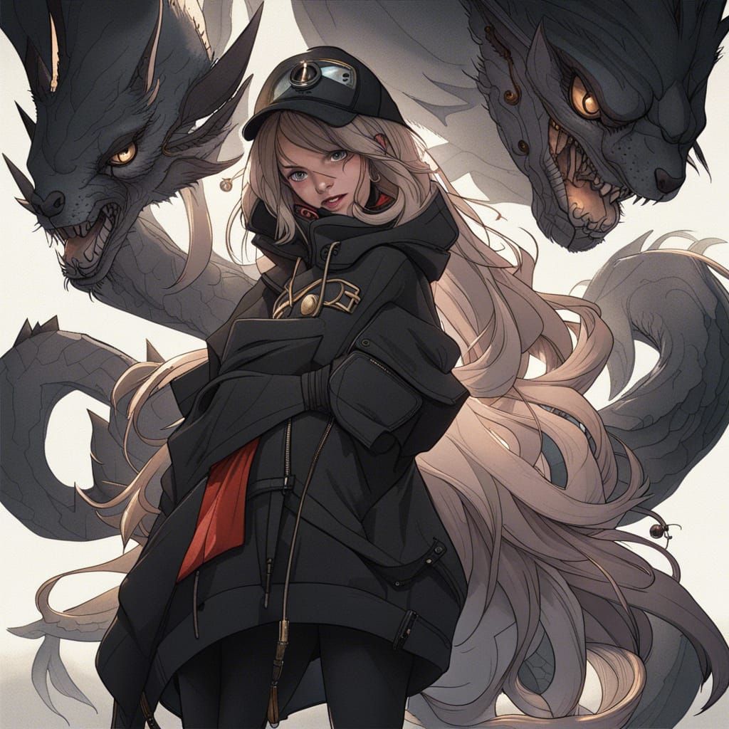 Mysterious Woman in Storm with Dragon, Artstation Quality