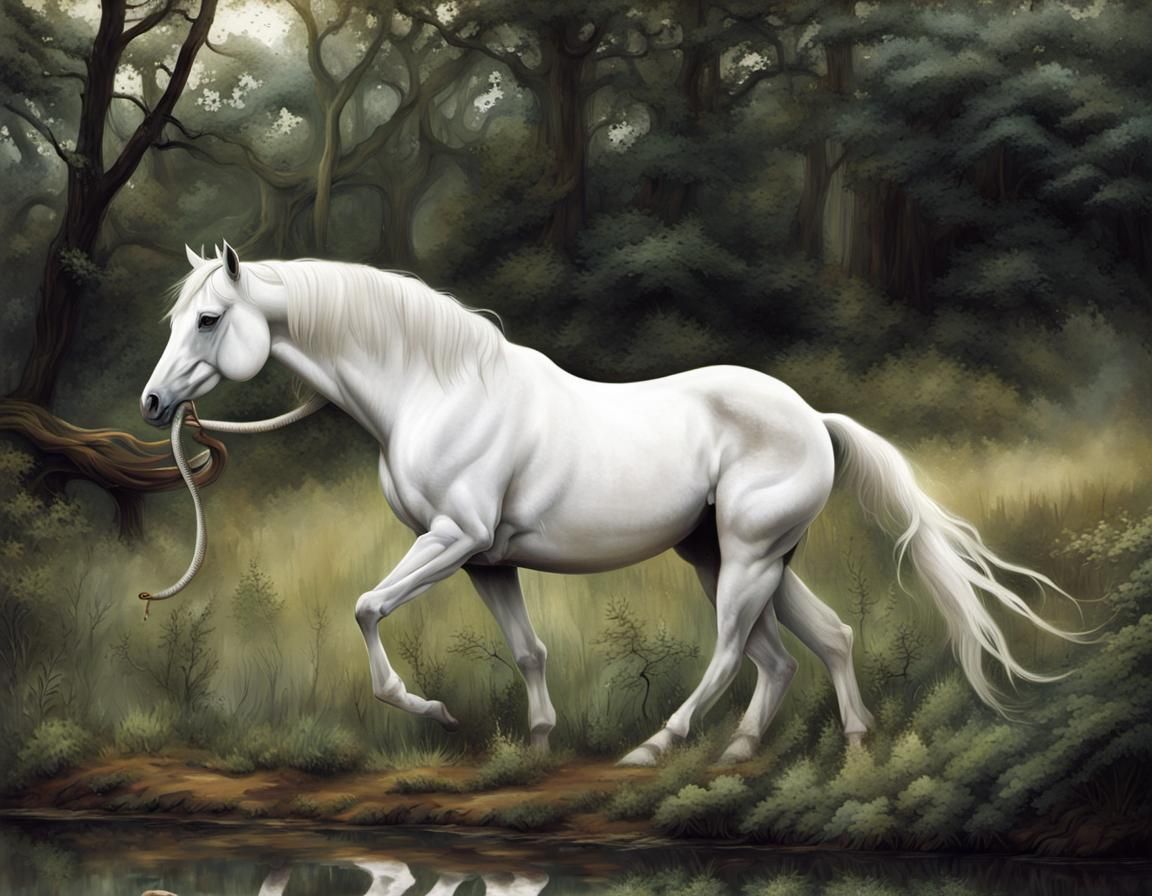 Surreal White Horse with Snake Dream Stage