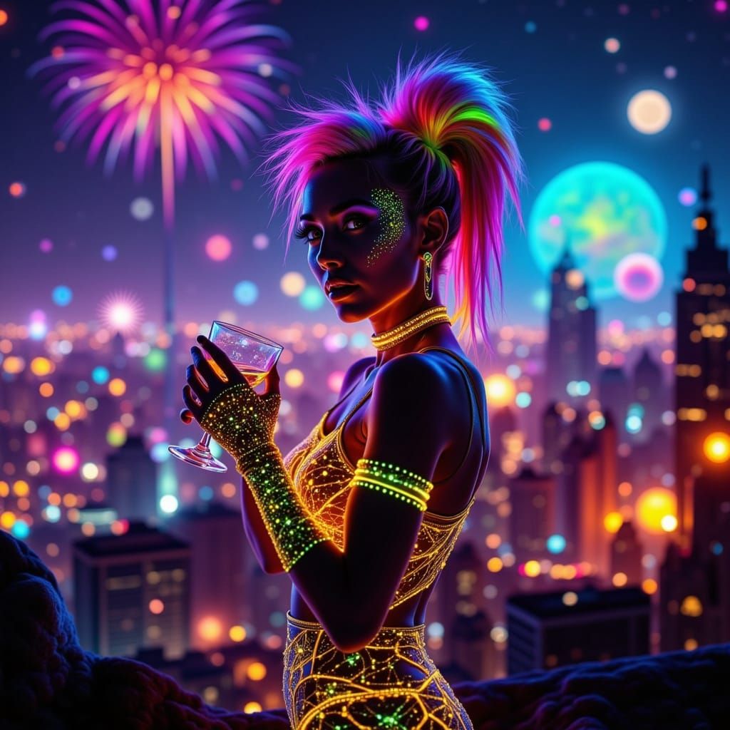 Cyberpunk Beauty with Rainbow Hair and Neon Glow