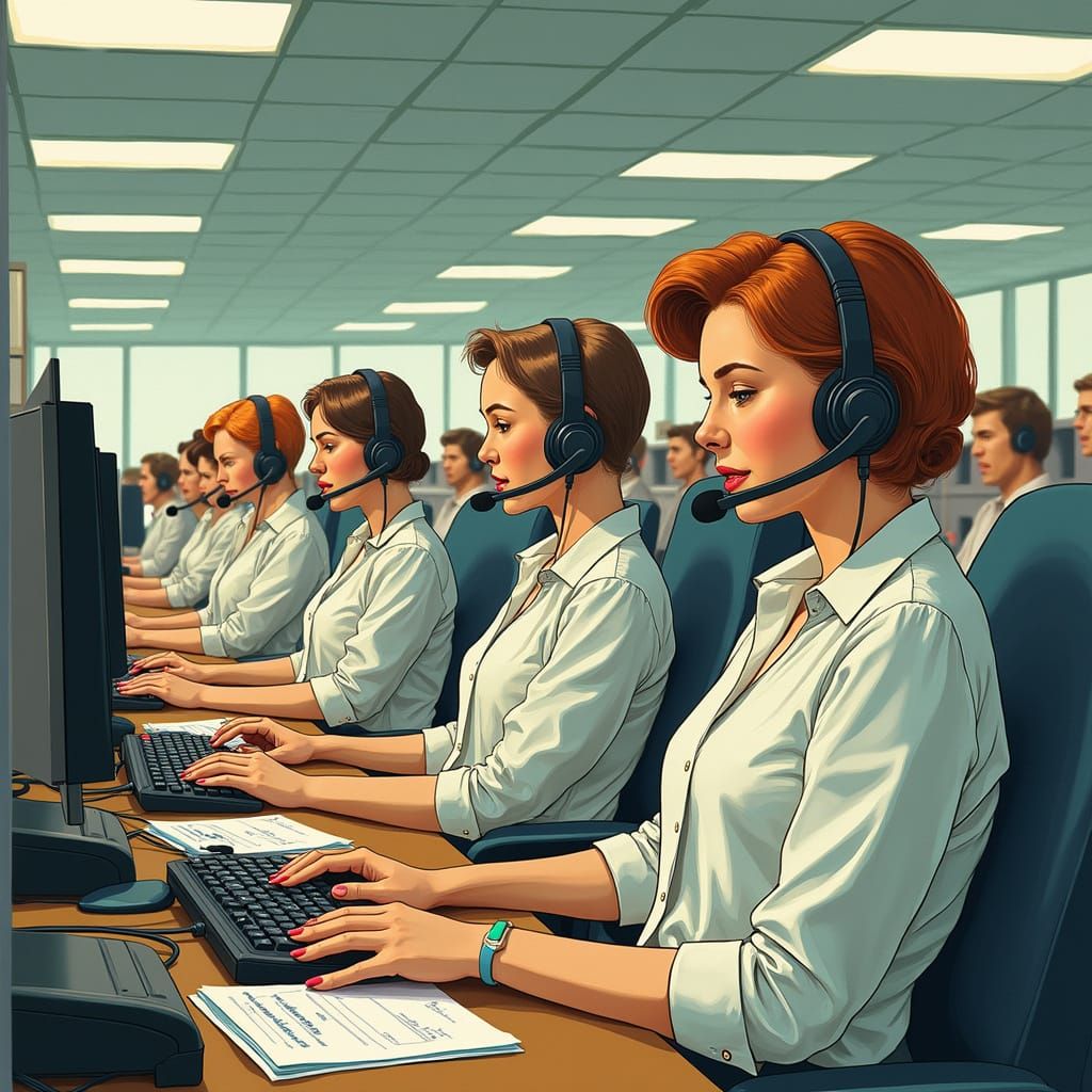 Telemarketers in a Cubicle Farm Making Calls