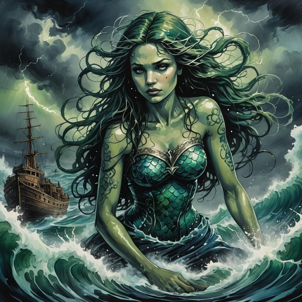 Mermaid's Temptation: A Stormy Ink Painting