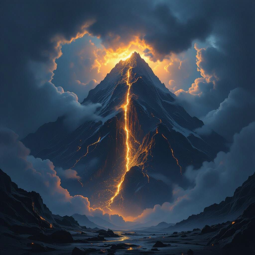 Colossal Mountain Cries Molten Gold Under Stormy Sky