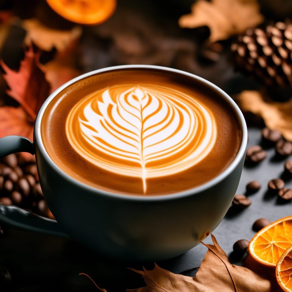 Steaming Coffee Cup with Autumn Maple Leaf Latte Art