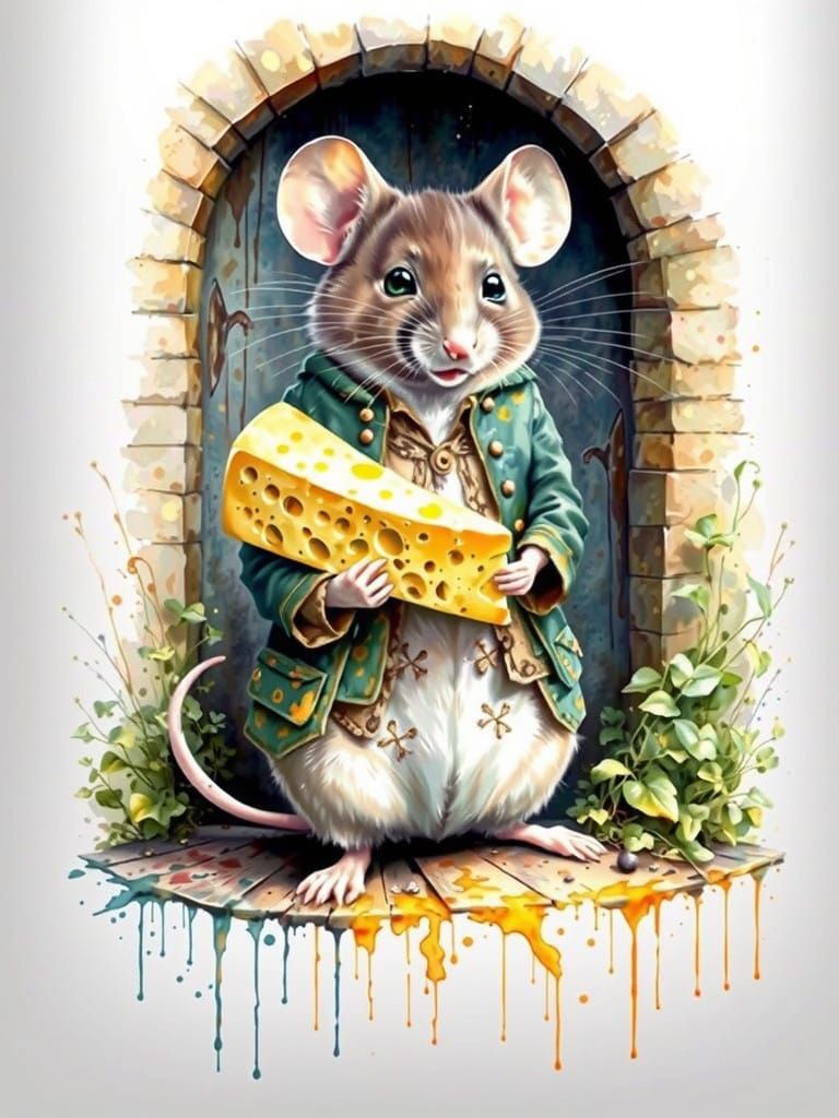 Whimsical Mouse Surrounded by Cheese in a Watercolor Style
