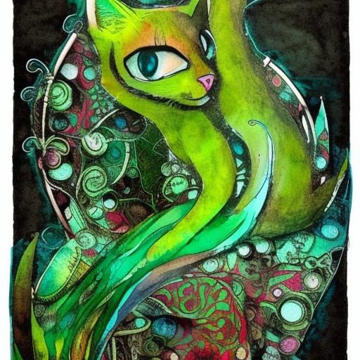 Green Cat Collage in Modern Boho Art Style