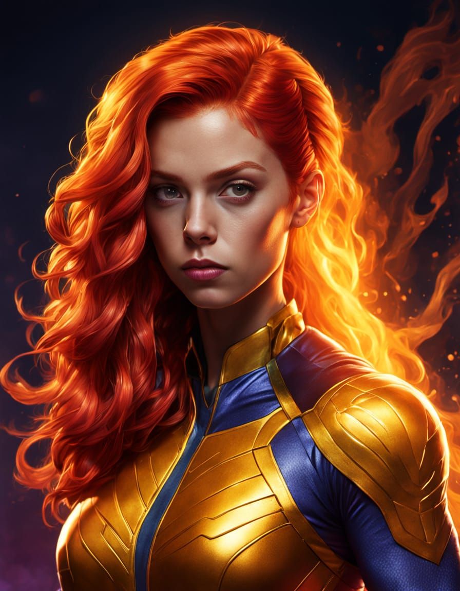 Starfire Superheroine with Fiery Hair in DC Comics Style