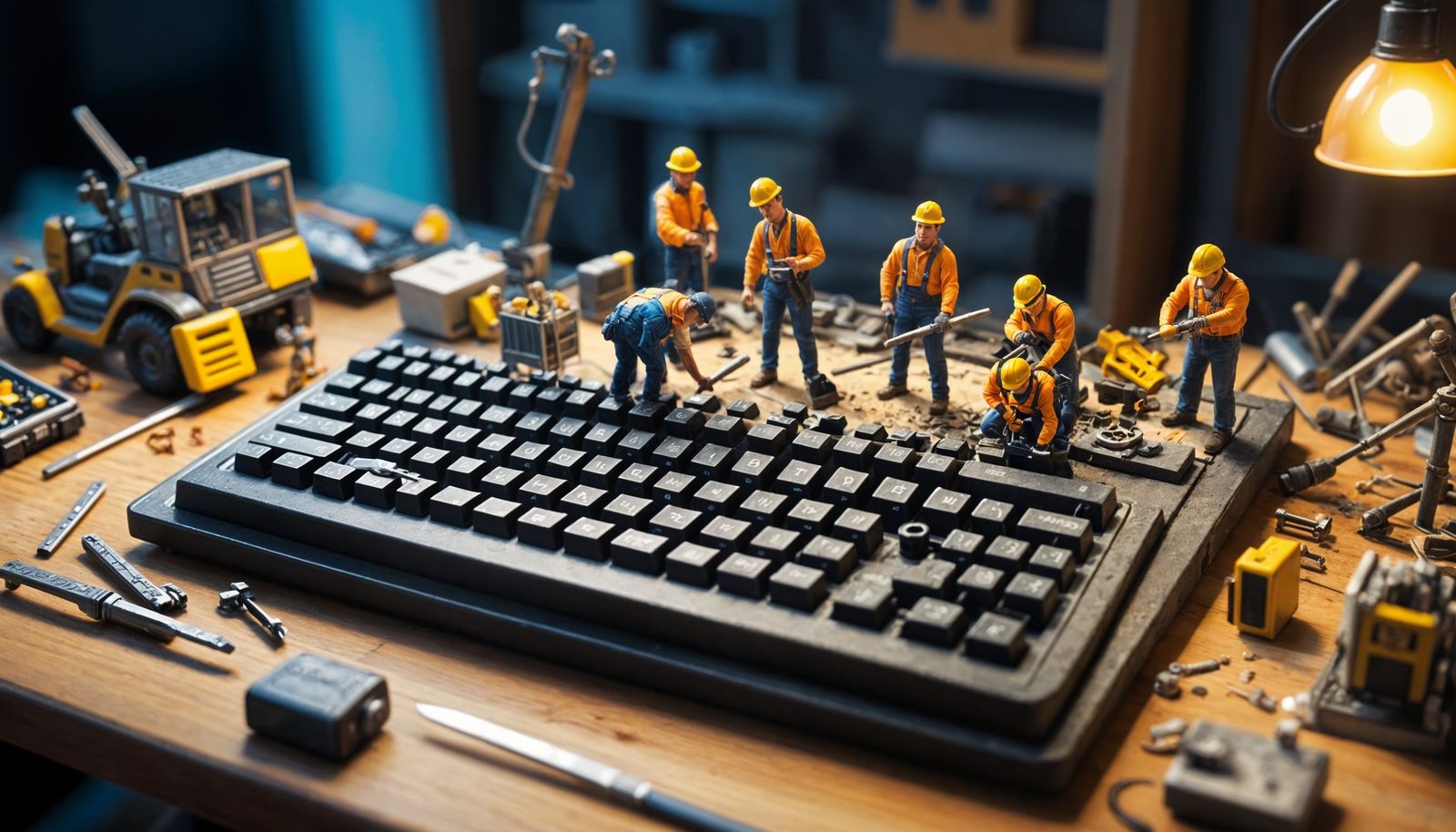 Construction Workers Build a Miniature Keyboard Diorama