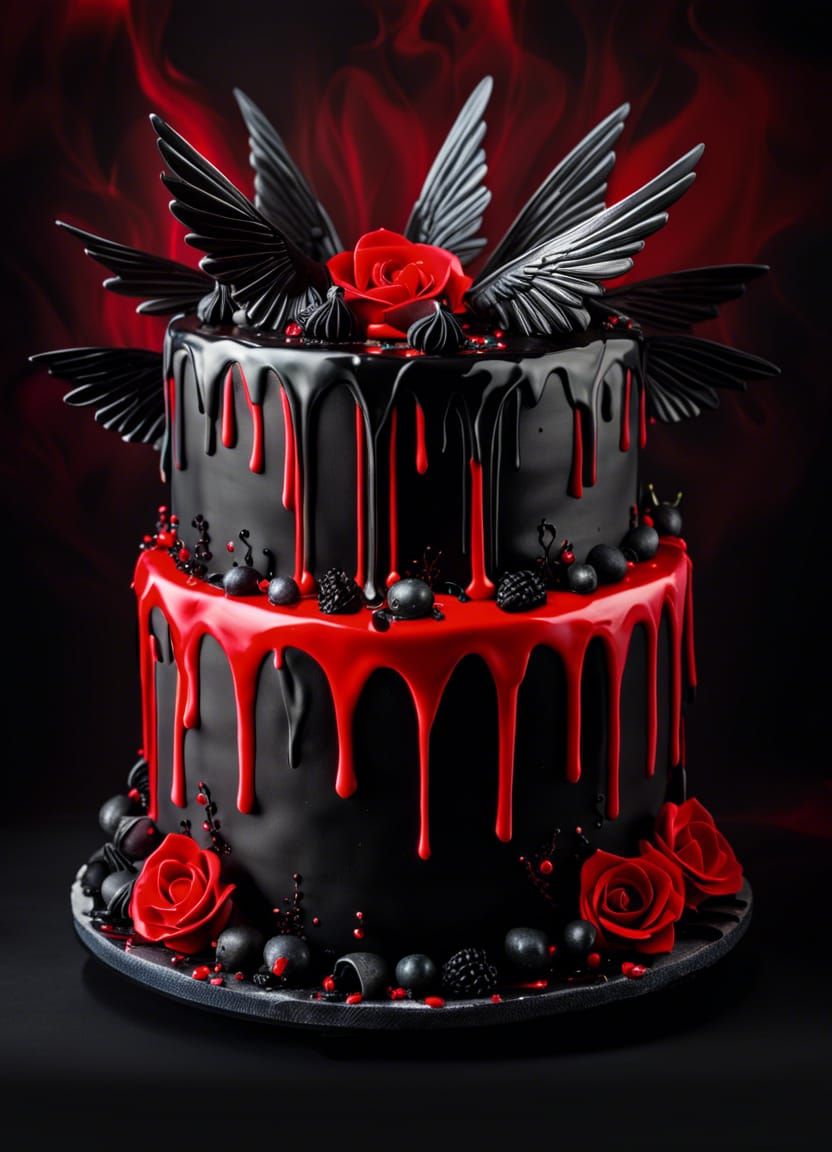Spectacular Goth Cake with Black Angels, Hyperrealistic