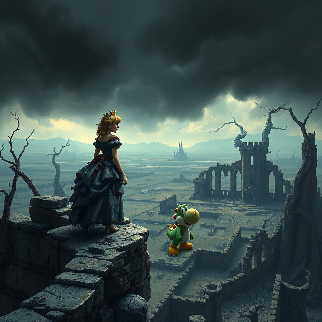 Princess Peach and Yoshi in Dark Post-Apocalyptic Kingdom
