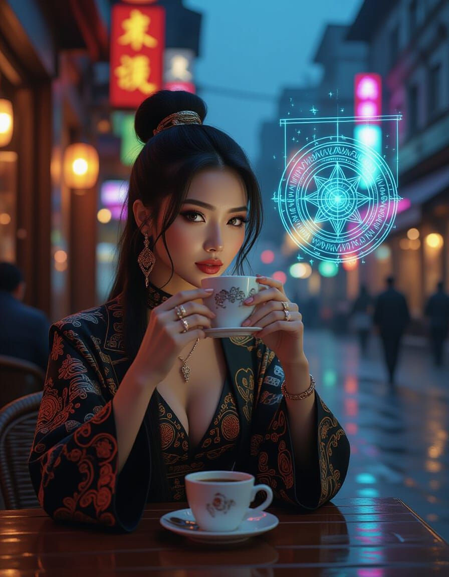 Hmong Woman Sips Coffee With Holographic Grimoire