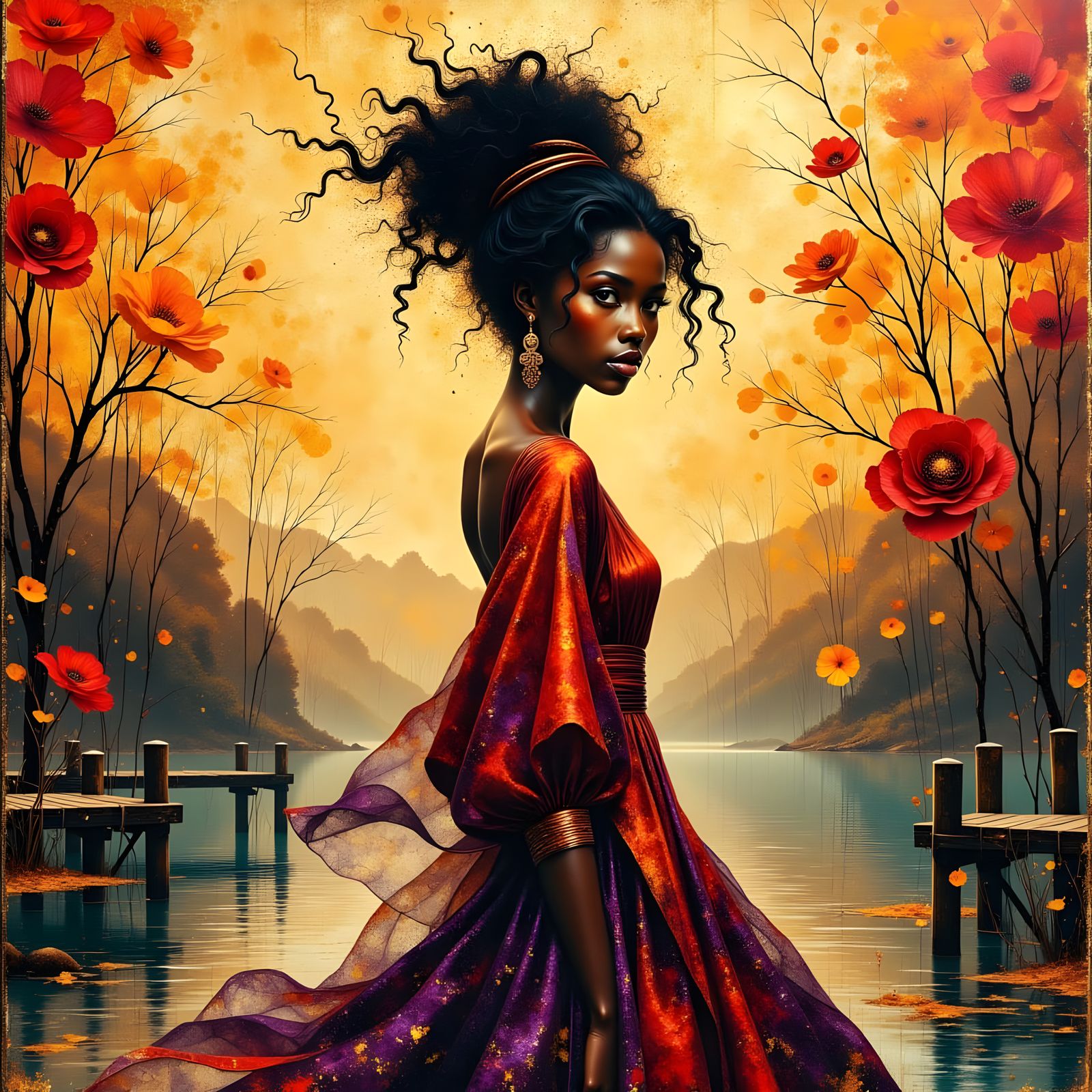 African Goddess in Lacquer Painting Style