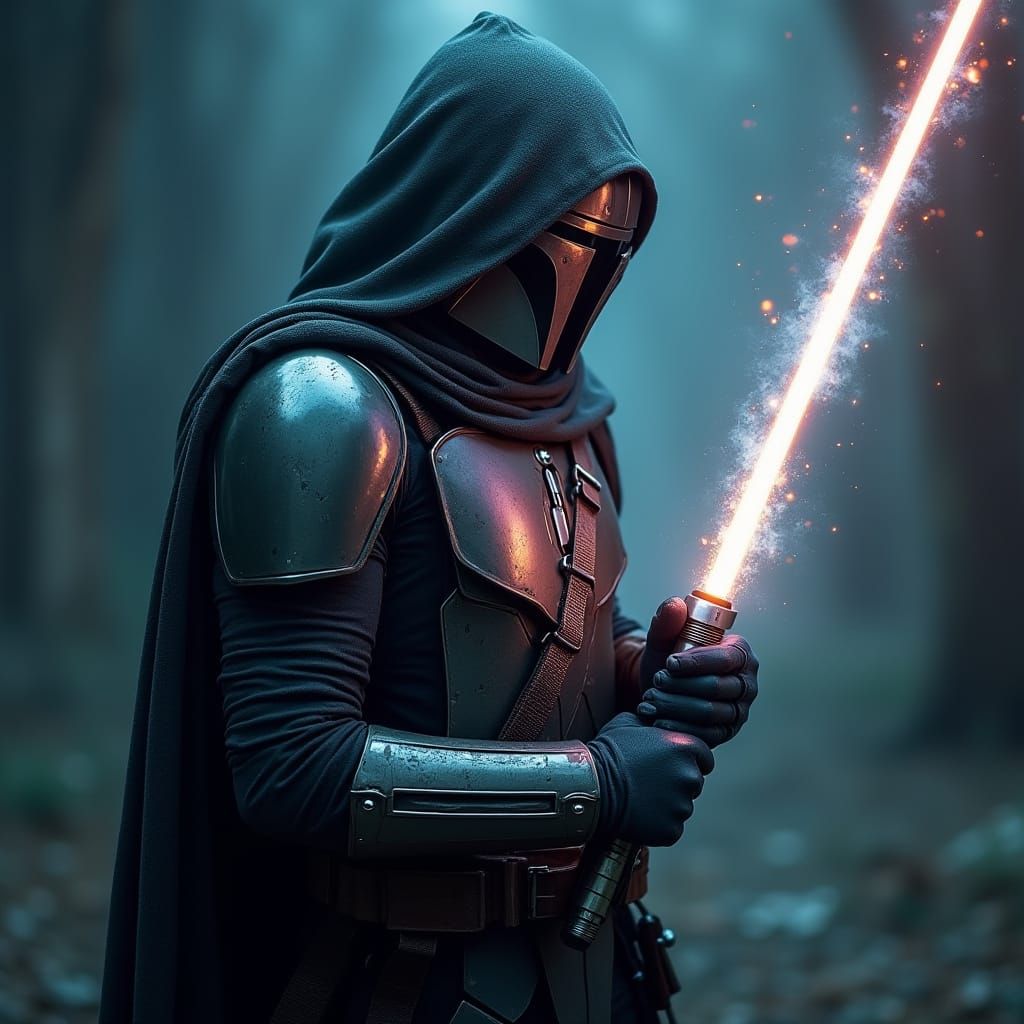 Mandalorian Wields Dark Saber in Cosmic Battle