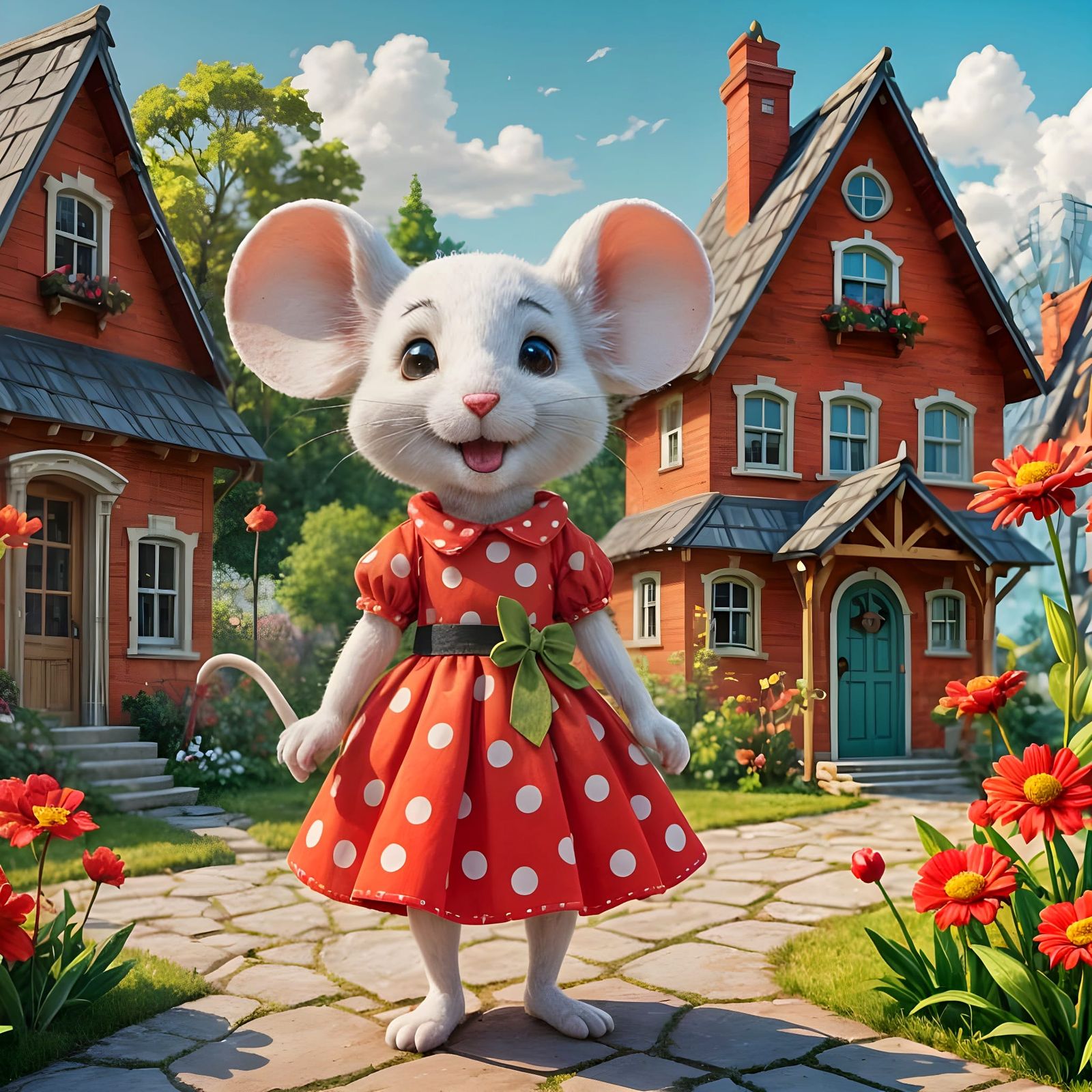 Charming Felt Mouse in Polka Dots with Flower