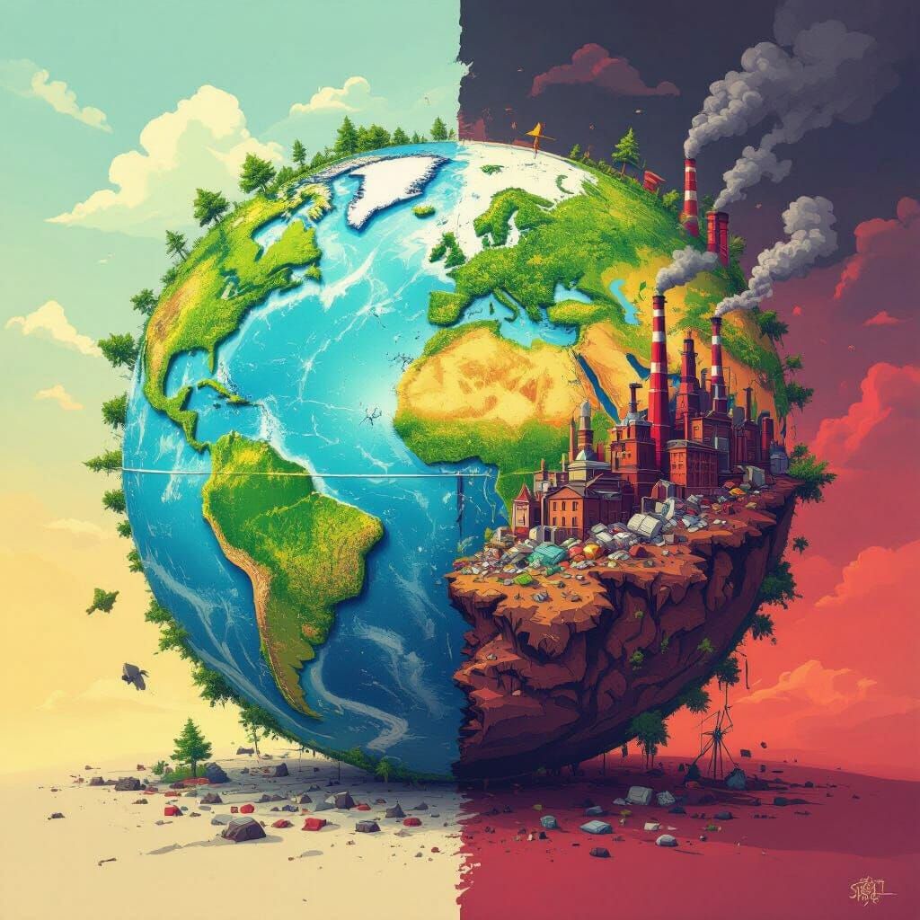 Split Globe: Nature vs. Industry in Bold Graphic Art