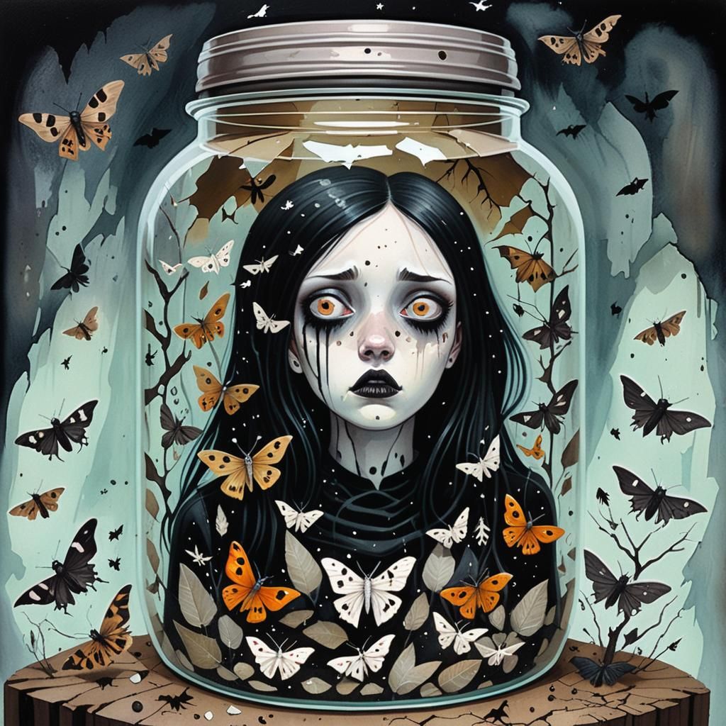 Girl in Jar: Surrealist Gouache Painting