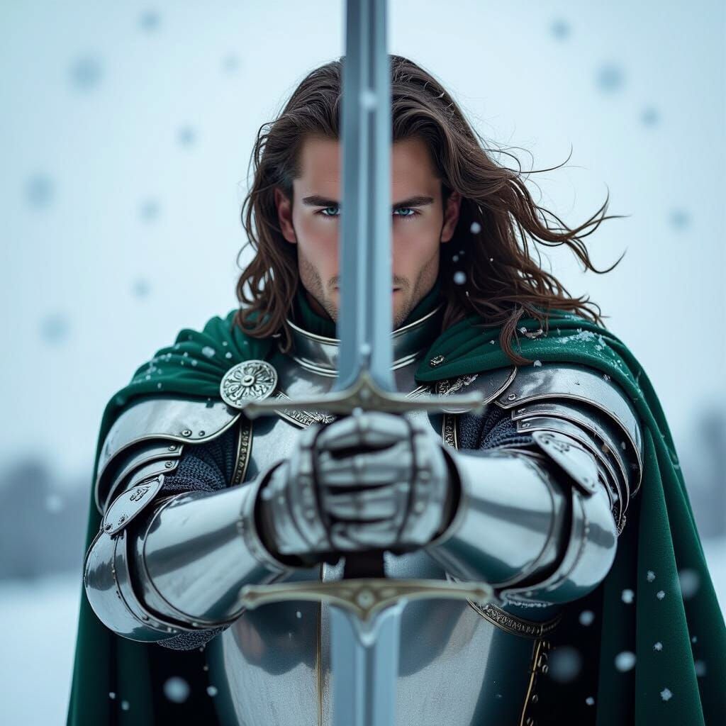 Mint Haired Knight with Sword in Snowy Sky