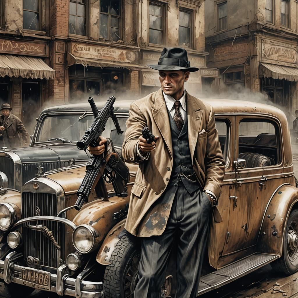 Gangster with Tommy Gun and Classic Car, Digital Art