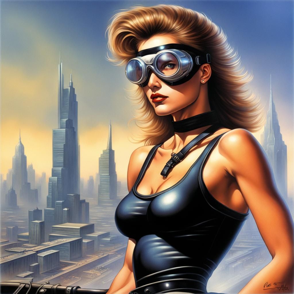 Woman in Pilot Goggles in 80s Fantasy Art