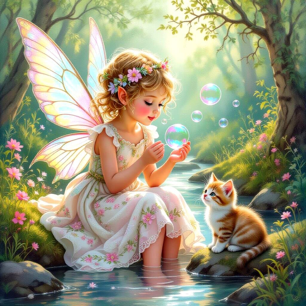 Delicate Fairy Child with Kitten, as Chalk Drawing