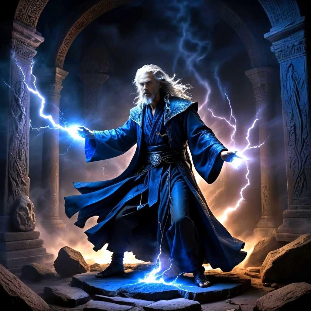 Wizard Casting Lightning Spell in Tomb, Dark Fantasy Style