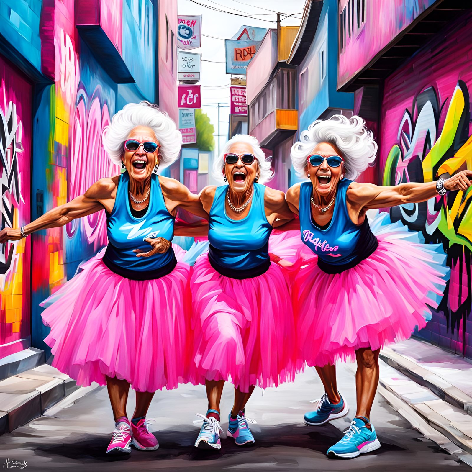Elderly Ladies in Pink Tutus: 3D Graffiti Art