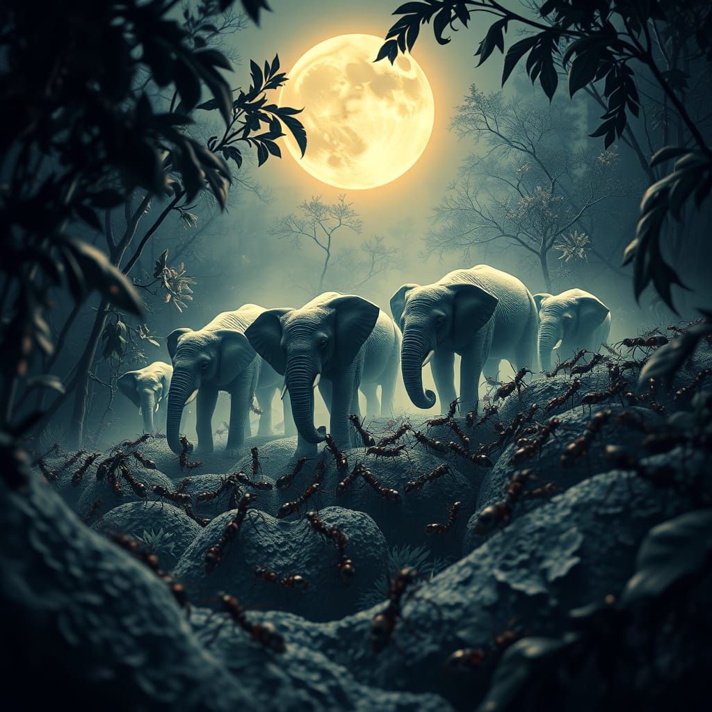 Elephant Colony Battles Ants in Surreal, Moonlit Landscape