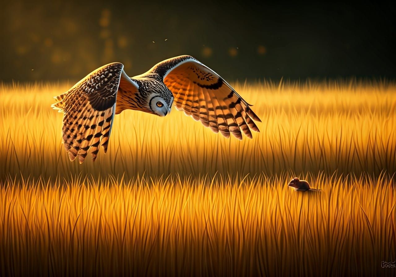 Owl Soaring Over Golden Field at Sunset