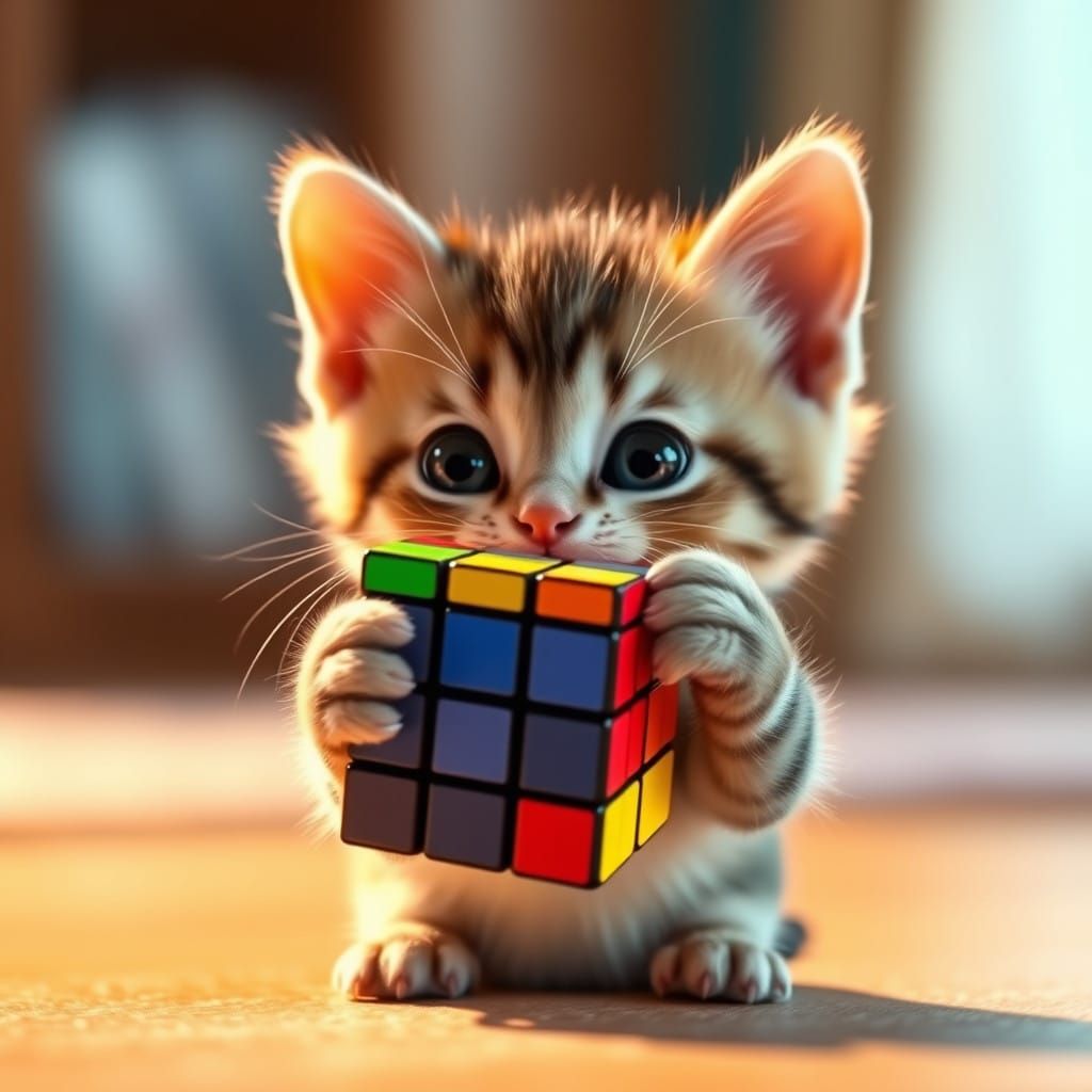 Cute Kitten Holds Up Solved Rubik's Cube with Big Smile