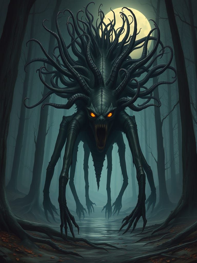 Eerie Dark Fantasy Creature in Misty Forest
