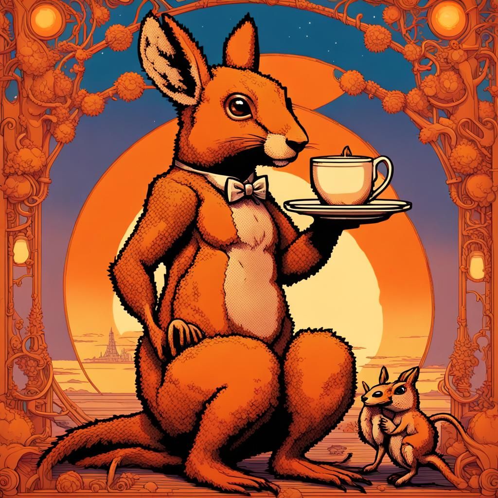 Steampunk Kangaroo Squirrel Tea Party in Pixel Art
