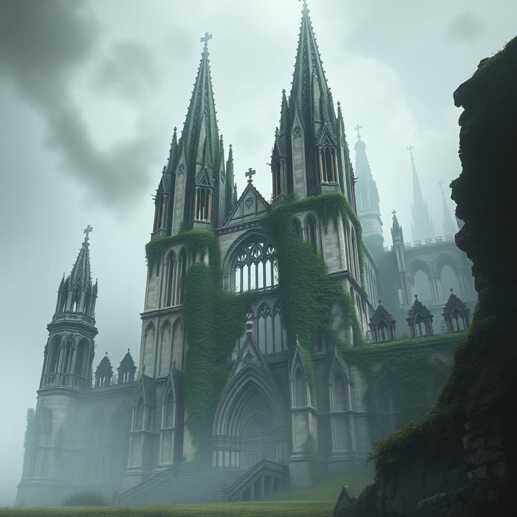 Ruined Cathedral in Eerie Mist, Gothic Surrealism