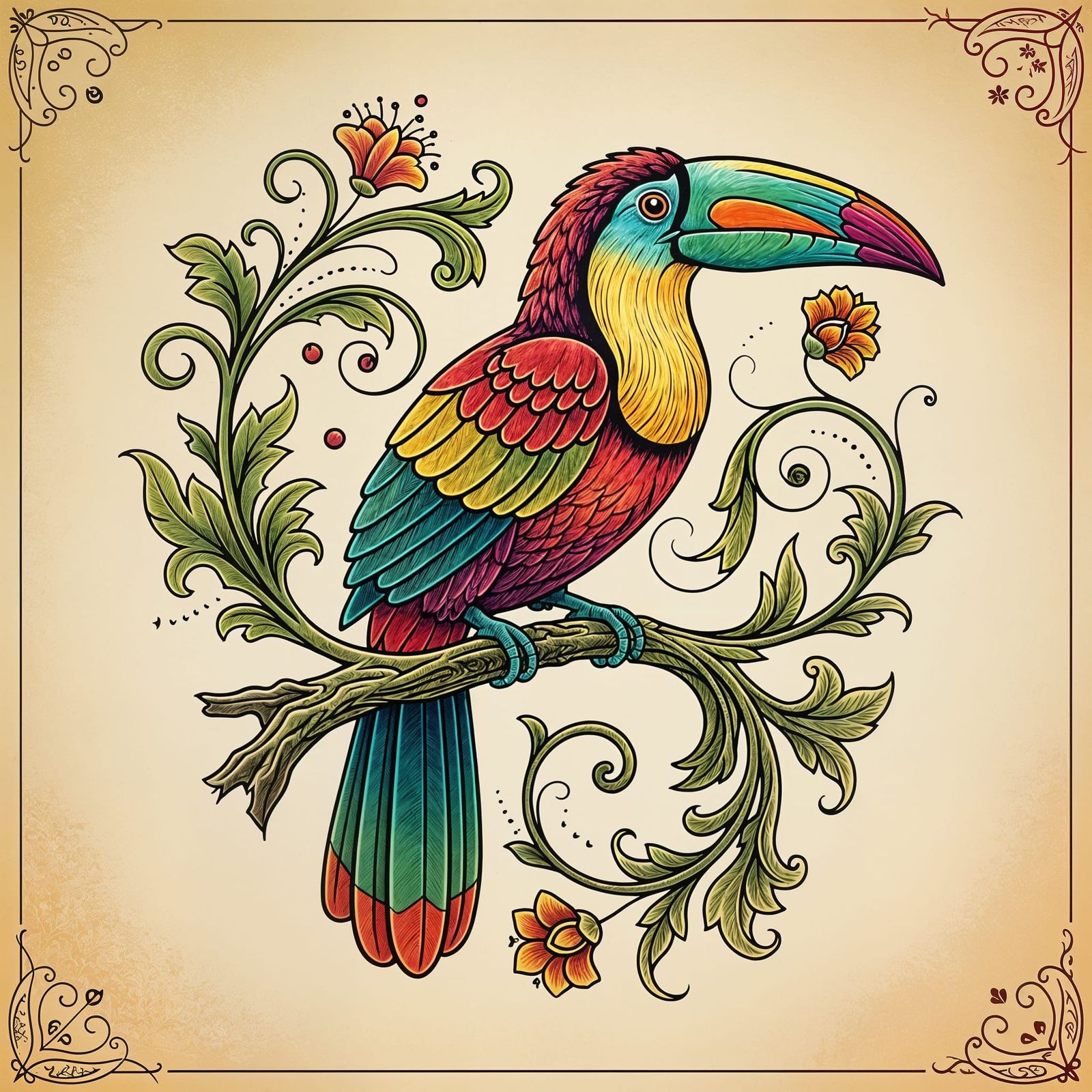 Stylized Tropical Bird in Botanical Illustration