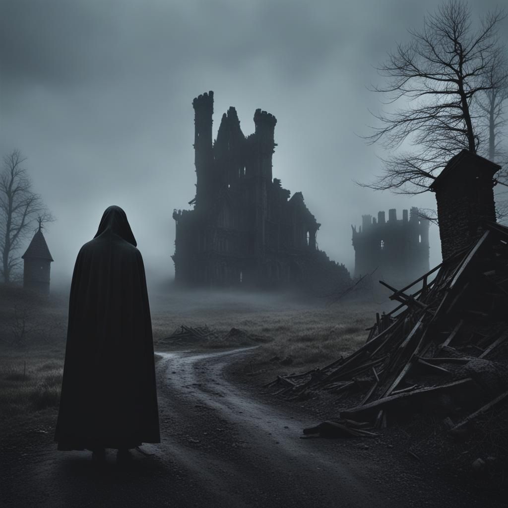 Eerie Ghost in Foggy, Dark Castle Ruins