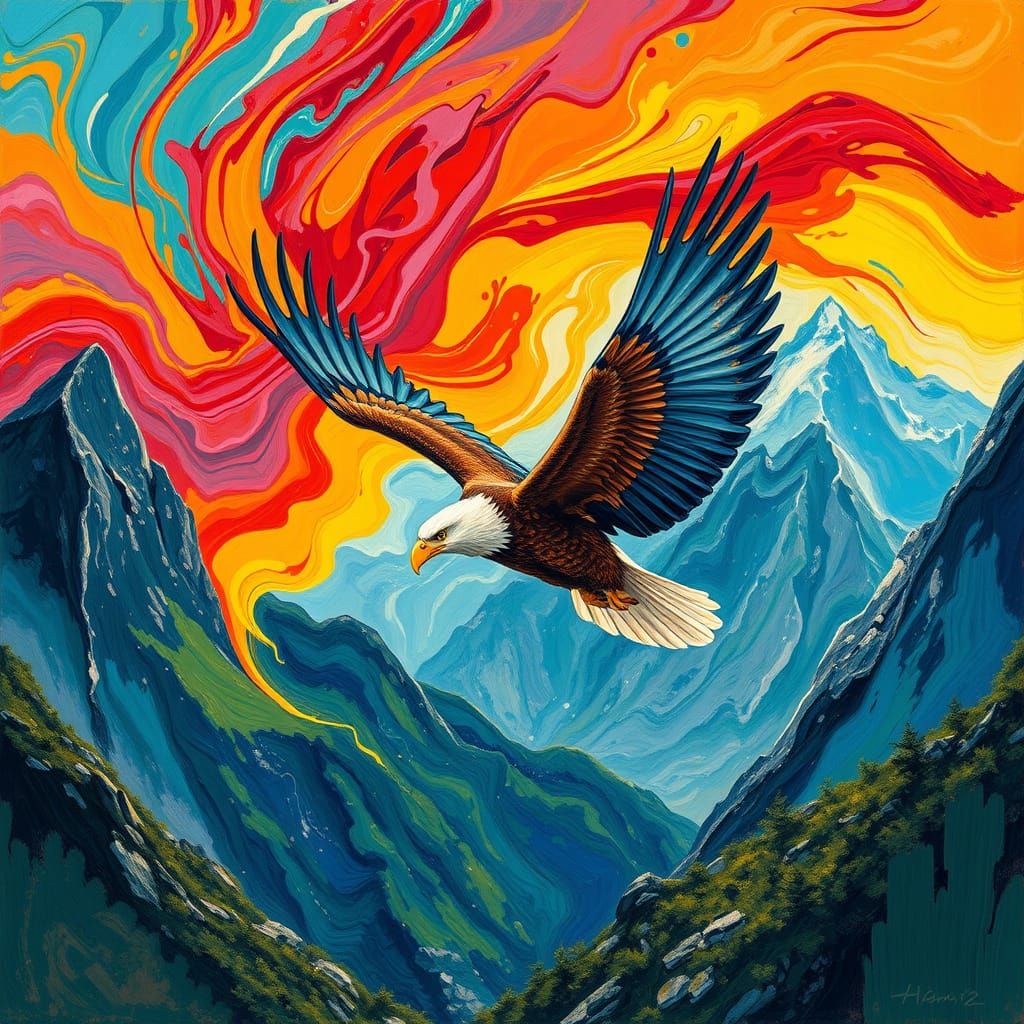 Vibrant Abstract Eagle in Flight Over Majestic Mountains