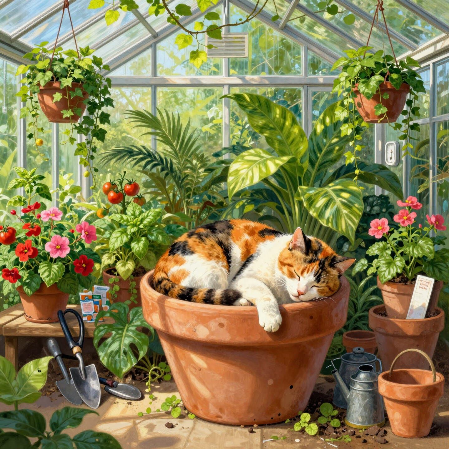Calico Cat Naps in Lush Greenhouse Botanical Painting
