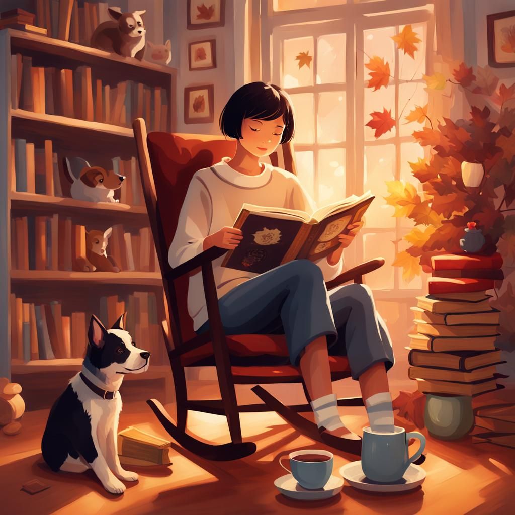 Cozy Girl Reading with Dog: Realism in Warm Tones
